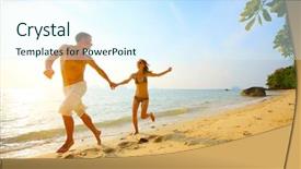  Presentation with tropical beach sunset - PPT theme with young couple running background and a sky blue colored foreground