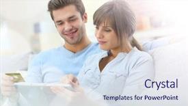  Presentation with internet - Cool new PPT theme with young couple shopping on internet backdrop and a sky blue colored foreground