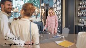  Presentation with shopping experience - PPT layouts having young-couple-shopping background and a coral colored foreground