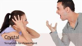  Presentation with people helping each teamwork couple - Beautiful slides featuring young couple shouting at each backdrop and a coral colored foreground