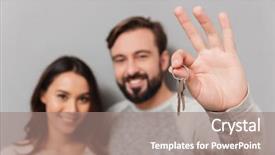  Presentation with keys - Slide deck consisting of young couple showing house key background and a coral colored foreground