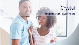  Presentation with house key - Colorful slide deck enhanced with young couple showing their house key at home backdrop and a sky blue colored foreground