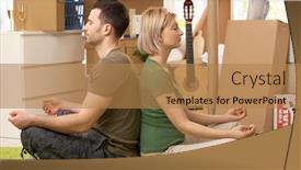  Presentation with posture - Slides featuring young couple sitting in yoga meditation posture on carpet in new house surrounded with boxes background and a coral colored foreground