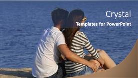  Presentation with beach - Colorful presentation enhanced with young-couple-sitting-on-beach backdrop and a ocean colored foreground