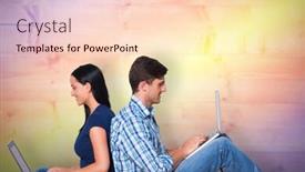  Presentation with floor - Presentation design featuring young couple sitting on floor using laptop against yellow and purple planks background and a lemonade colored foreground