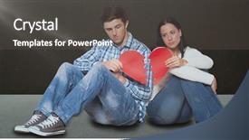  Presentation with broken heart - Cool new slide deck with young couple sitting on floor with broken heart against dark room backdrop and a dark gray colored foreground