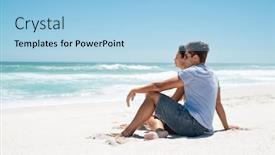  Presentation with contemplating - PPT layouts enhanced with young-couple-sitting-on-sand background and a light blue colored foreground