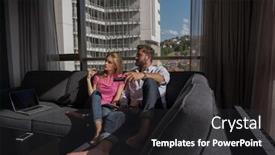  Presentation with television watching - Presentation theme with young couple sitting on sofa near the window watching television together at luxury home background and a dark gray colored foreground