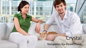  Presentation with cat - PPT theme enhanced with young couple sitting on sofa with a cat and looking at camera background and a mint green colored foreground