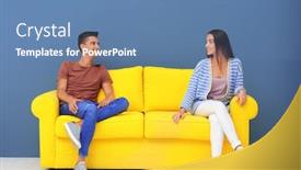  Presentation with yellow color - Amazing PPT theme having young couple sitting on yellow sofa near color wall backdrop and a teal colored foreground