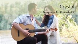  Presentation with nature river - Presentation design enhanced with young couple sitting on a log by the river and playing guitar summer nature bright sunlight shadows and green leaves romantic feelings background and a soft green colored foreground
