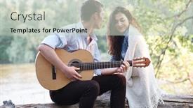  Presentation with nature river - Slide deck enhanced with young couple sitting on a log by the river and playing guitar summer nature bright sunlight shadows and green leaves romantic feelings background and a soft green colored foreground
