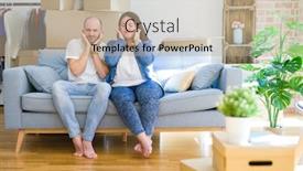  Presentation with deaf - Cool new presentation theme with young couple sitting on the sofa arround cardboard boxes moving to a new house covering ears with fingers with annoyed expression for the noise of loud music deaf concept backdrop and a mint green colored foreground