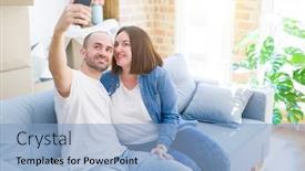 Presentation with young happy couple - Cool new slide deck with young couple sitting on the sofa at new home taking a selfie phot using smartphone smiling happy for moving to a new apartment backdrop and a light blue colored foreground