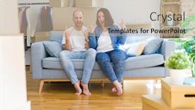  Presentation with rock star - Presentation theme with young couple sitting on the sofa arround cardboard boxes moving to a new house shouting with crazy expression doing rock symbol with hands up music star heavy concept background and a mint green colored foreground