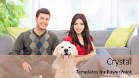  Presentation with lens - Cool new slide deck with young couple sitting on the floor with a dog at home shot with tilt and shift lens backdrop and a coral colored foreground