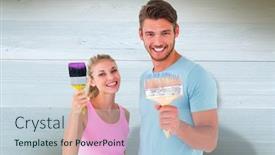  Presentation with bleached - Theme enhanced with young couple smiling and holding paintbrushes against bleached wooden planks background background and a light blue colored foreground