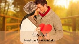  Presentation with scene - Beautiful slide deck featuring young couple smiling and hugging against autumn scene backdrop and a yellow colored foreground