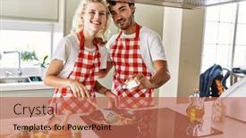  Presentation with young happy couple - PPT theme having young-couple-smiling-happy-cooking background and a coral colored foreground