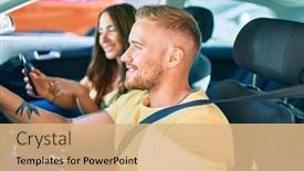  Presentation with gps - Beautiful PPT theme featuring young-couple-smiling-happy-driving backdrop and a coral colored foreground