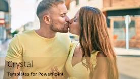  Presentation with college education happy smiling - Amazing PPT theme having young-couple-smiling-happy-hugging backdrop and a yellow colored foreground