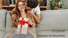  Presentation with young happy couple - Slide deck consisting of young-couple-smiling-happy-sitting background and a light gray colored foreground