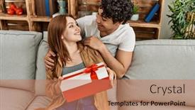  Presentation with young happy couple - Slide set enhanced with young-couple-smiling-happy-sitting background and a coral colored foreground