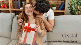  Presentation with young happy couple - PPT theme having young-couple-smiling-happy-sitting background and a coral colored foreground