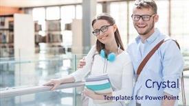  Presentation with comic couple - Theme with smiling young couple standing by railing at library background and a light blue colored foreground