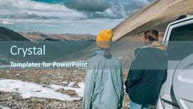  Presentation with vehicle rental - Slide set with young couple standing near 4x4 vehicle and enjoying view of mountains winter offroad trip on rental car to wild nature background and a ocean colored foreground