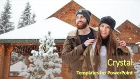  Presentation with log cabin - Amazing PPT theme having young couple standing near log backdrop and a tawny brown colored foreground