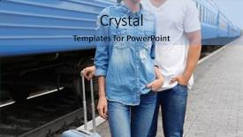  Presentation with train railway - Beautiful slides featuring young couple standing on railway platform near train closeup backdrop and a light blue colored foreground