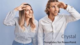  Presentation with far away - PPT theme featuring young-couple-standing-over-blue background and a light blue colored foreground