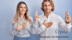  Presentation with chest - Presentation design enhanced with young-couple-standing-over-blue background and a light blue colored foreground