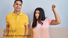  Presentation with young happy couple - Slide deck consisting of young-couple-standing-over-isolated background and a gold colored foreground