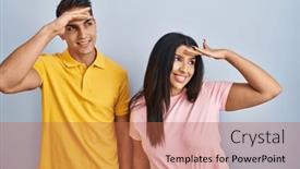  Presentation with far away - Slides with young-couple-standing-over-isolated background and a coral colored foreground