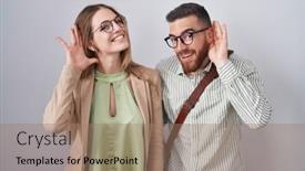  Presentation with ear - Presentation theme with young-couple-standing-over-white background and a coral colored foreground