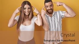  Presentation with great idea - Presentation design enhanced with young-couple-standing-over-yellow background and a coral colored foreground