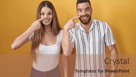  Presentation with nose - Presentation theme with young-couple-standing-over-yellow background and a coral colored foreground