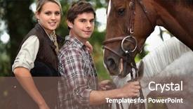  Presentation with horses and children - PPT theme with young couple stood by horses background and a violet colored foreground