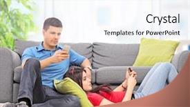  Presentation with cell phones - Slides with young couple surfing on their cell phones seated by a sofa at home shot with tilt and shift lens background and a sky blue colored foreground