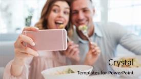  Presentation with portrait of excited overjoyed female - Slides with young couple taking a selfi background and a coral colored foreground