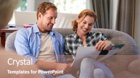  Presentation with young happy couple - Colorful presentation design enhanced with young couple taking financial advice backdrop and a coral colored foreground