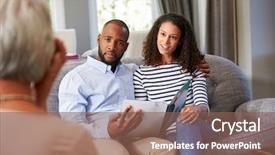  Presentation with young happy couple - Presentation design with young couple taking financial advice background and a violet colored foreground