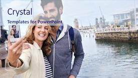  Presentation with area - Presentation theme enhanced with young couple taking selfi on vacation at the waterfront area near the ocean background and a sky blue colored foreground