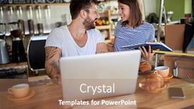  Presentation with coffe - Colorful slides enhanced with young-couple-talking-and-smiling backdrop and a coral colored foreground