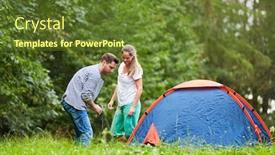  Presentation with build - Amazing slide deck having young couple together build a tent in nature on camping vacation backdrop and a tawny brown colored foreground