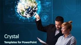  Presentation with young happy couple - Beautiful slides featuring young couple touching high-tech backdrop and a navy blue colored foreground