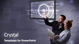  Presentation with young happy couple - Beautiful presentation featuring young couple touching modern technology backdrop and a dark gray colored foreground