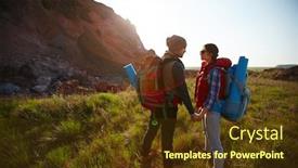  Presentation with backpacks - Beautiful presentation design featuring young couple traveling with tourist backpacks standing on top of hill holding hands and looking tenderly at each other during hike in mountains backdrop and a tawny brown colored foreground